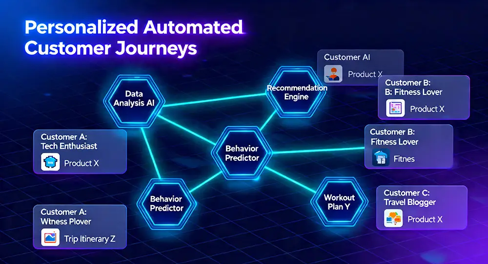 A futuristic diagram showing AI nodes connecting to individual customer profiles, illustrating personalized automated journeys.