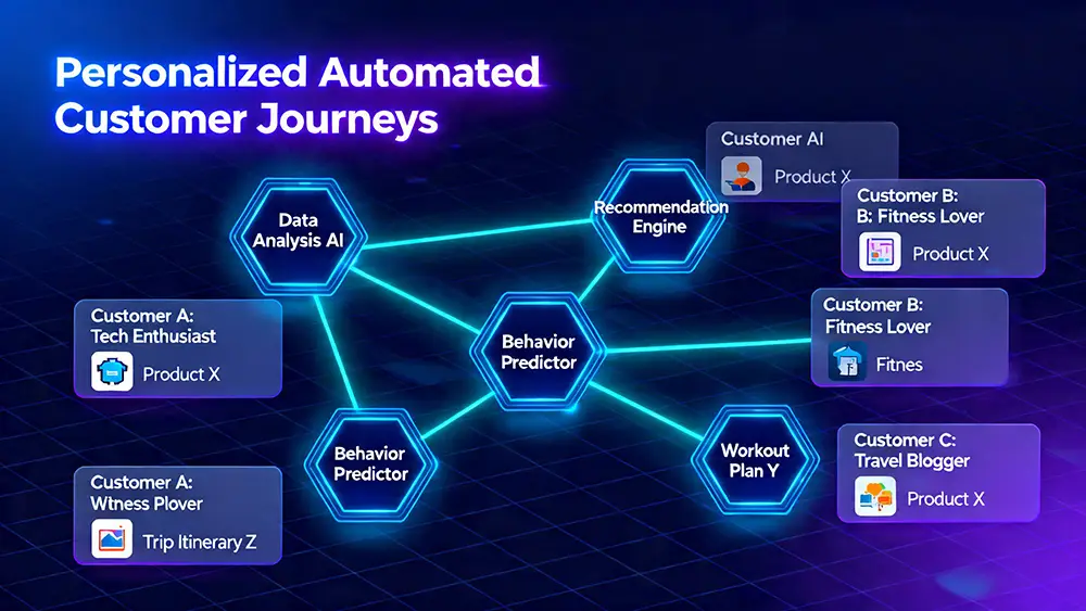 A futuristic diagram showing AI nodes connecting to individual customer profiles, illustrating personalized automated journeys.
