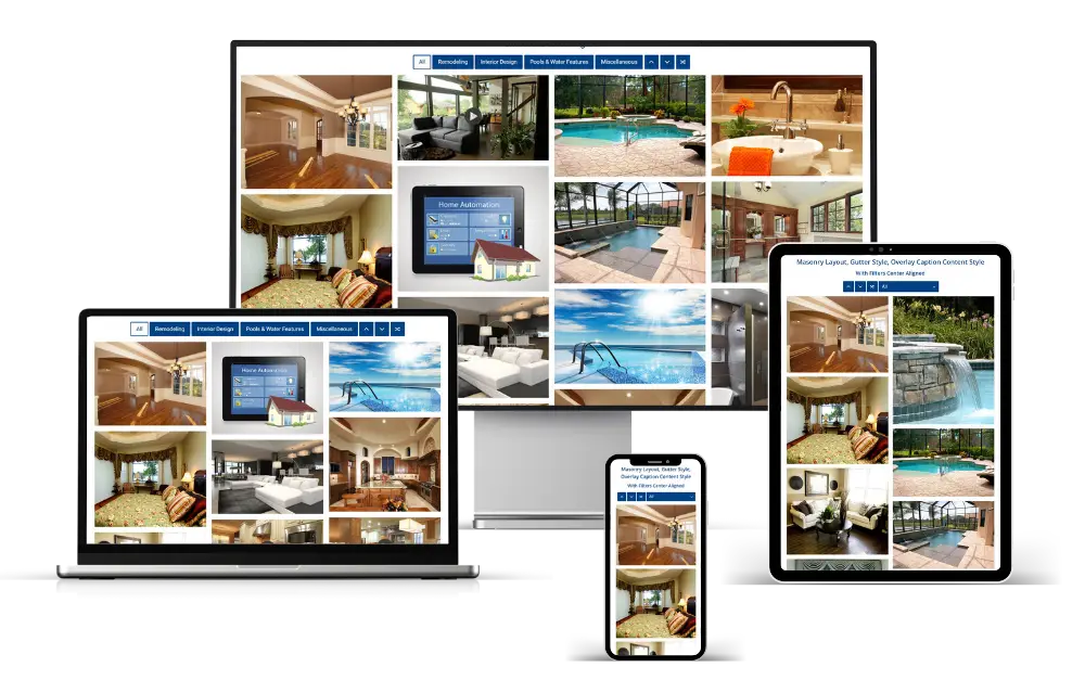 Responsive WordPress multimedia gallery grid showcase featuring image and video gallery layouts for multiple business industries
