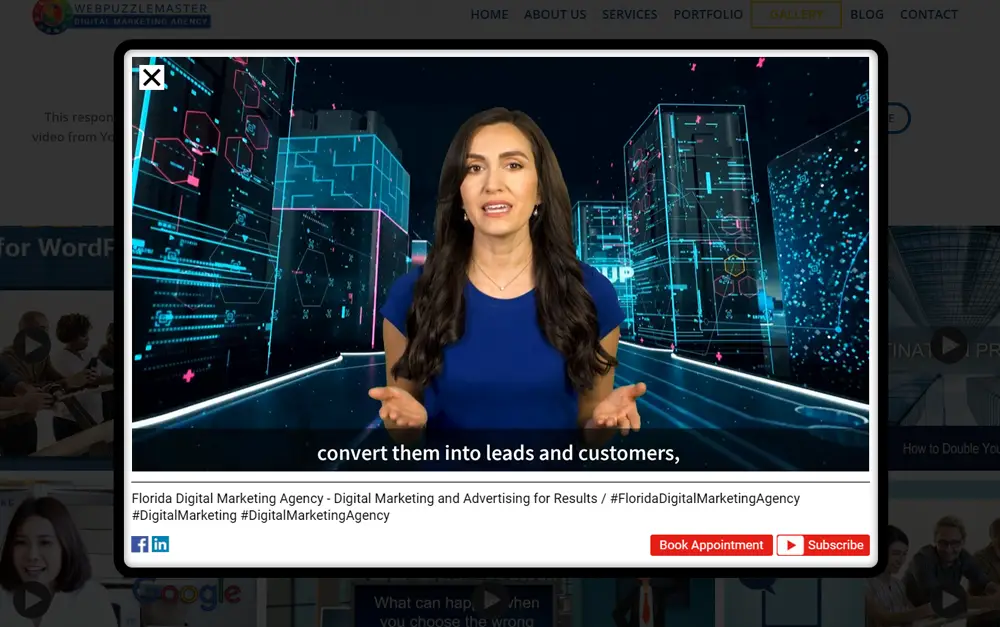 Responsive WordPress multimedia gallery video popover display featuring embedded YouTube video content, lead generation calls-to-action, and interactive multimedia marketing functionality