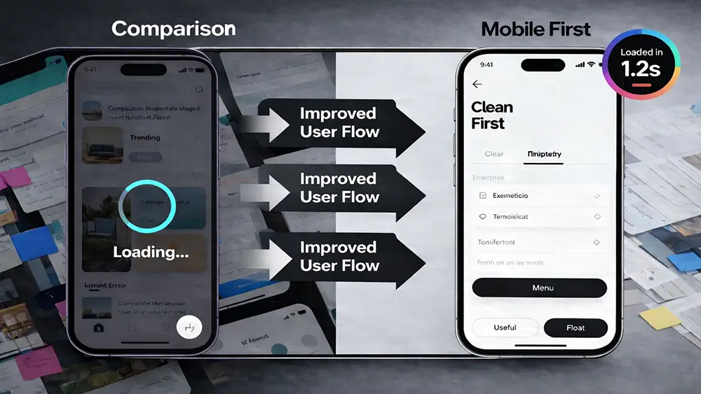 A split-screen image showing a cluttered, slow-loading mobile website on the left and a clean, fast, mobile-first design on the right, with arrows indicating improved user flow.