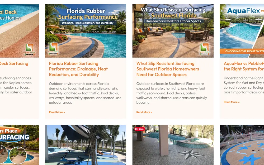 Specialty Surfaces SEO blog content featuring Florida rubber surfacing, slip resistant pool deck surfaces, and AquaFlex vs PebbleFlex educational articles