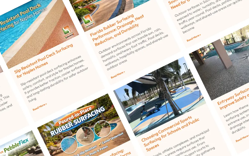 Specialty Surfaces SEO Blog and Educational Content Strategy Specialty Surfaces SEO blog content featuring Florida rubber surfacing, slip resistant pool deck surfaces, and AquaFlex vs PebbleFlex educational articles