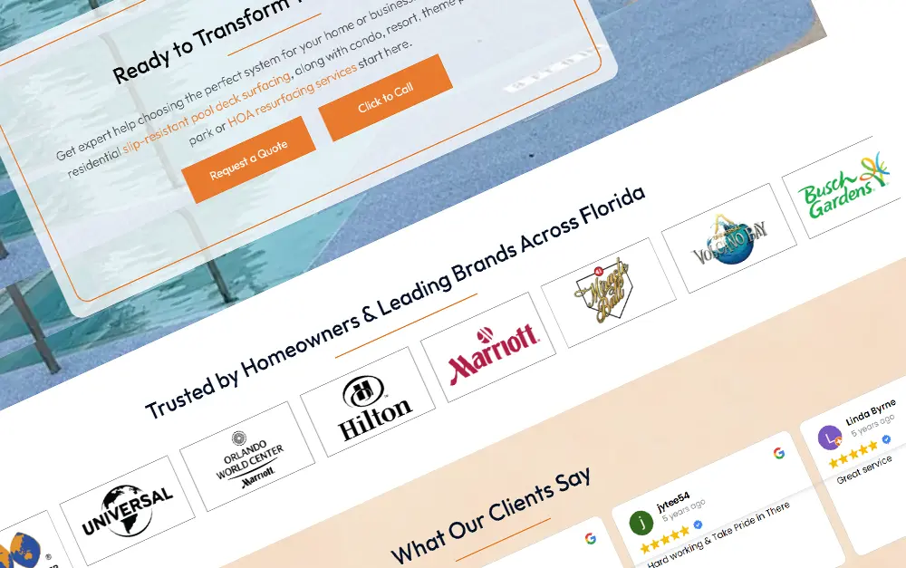 pecialty Surfaces website section featuring quote request call-to-action, commercial client brands, and customer review integration