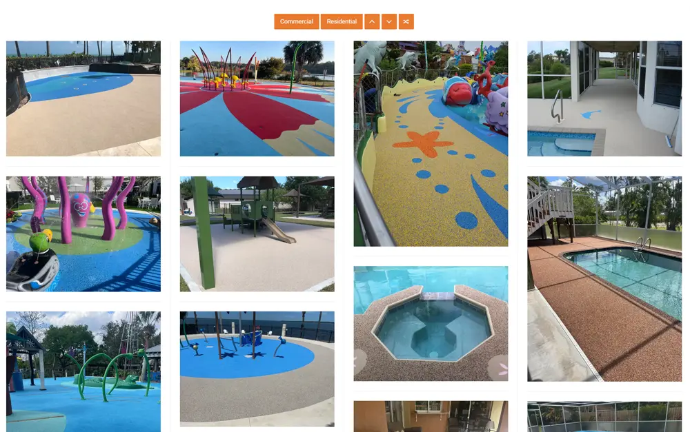 Specialty Surfaces project gallery featuring residential and commercial rubber surfacing installations, pool decks, splash pads, and playground surfaces in Florida