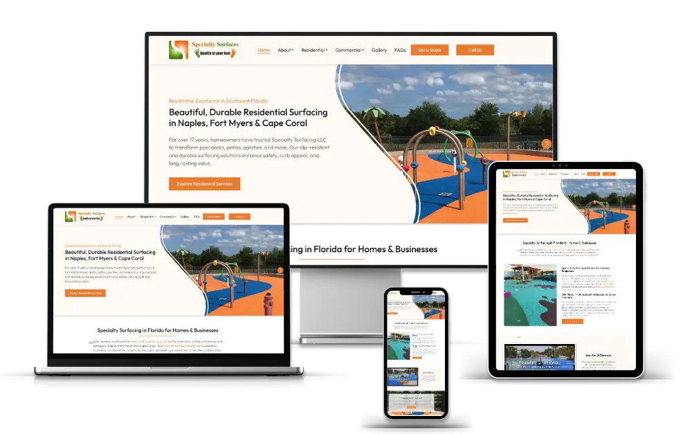 Responsive Specialty Surfaces website displayed across desktop, laptop, tablet, and mobile devices showcasing modern web design, local SEO, and conversion-focused surfacing services