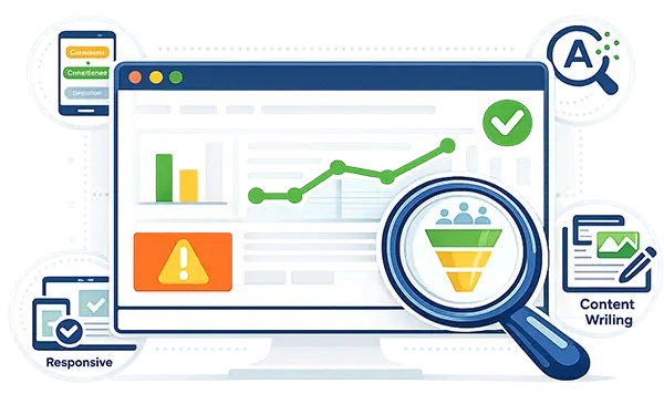 Website audit illustration showing SEO, AI visibility, responsive design, customer journey analysis, conversion funnel optimization, content strategy, and website performance insights for business growth
