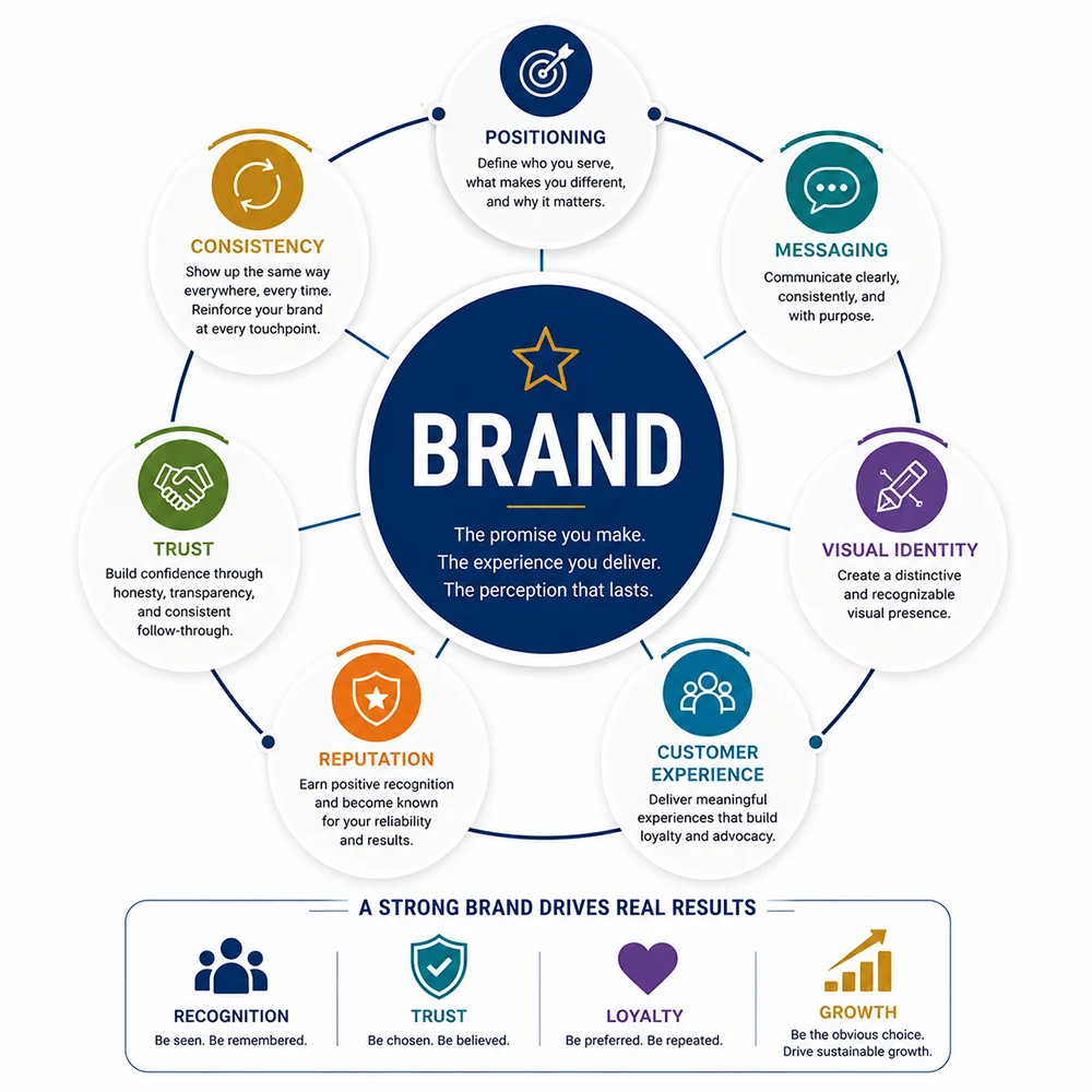 Business branding framework showing brand at the center surrounded by positioning, messaging, visual identity, customer experience, reputation, trust, and consistency that drive recognition, loyalty, and growth.