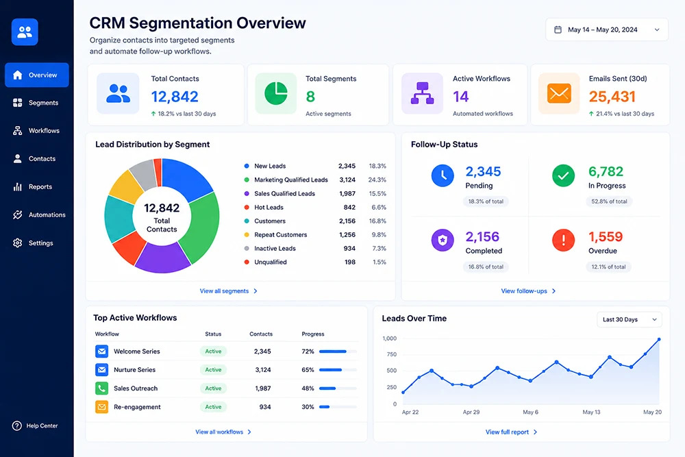 CRM segmentation dashboard showing lead categories, customer segments, lead scores, workflows, communication channels, follow-up status, and automated nurturing stages for lead qualification and customer management.