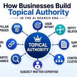 How businesses build topical authority in the AI search era with content clusters, internal links, entity relationships, and semantic relevance supporting AI visibility