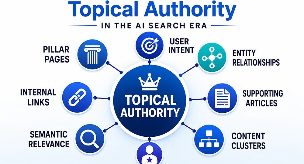 How businesses build topical authority in the AI search era with content clusters, internal links, entity relationships, and semantic relevance supporting AI visibility