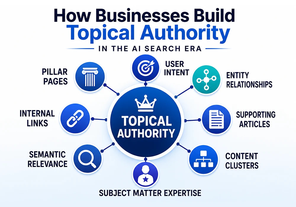 How businesses build topical authority in the AI search era with content clusters, internal links, entity relationships, and semantic relevance supporting AI visibility