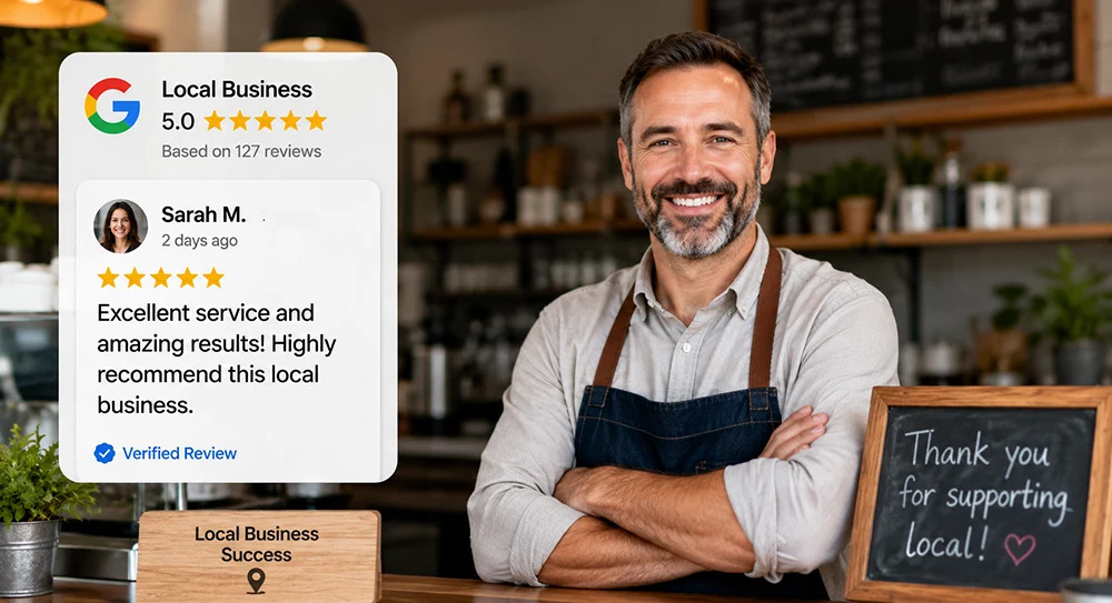 Happy local business owner showcasing positive customer reviews and strong community trust for local business success