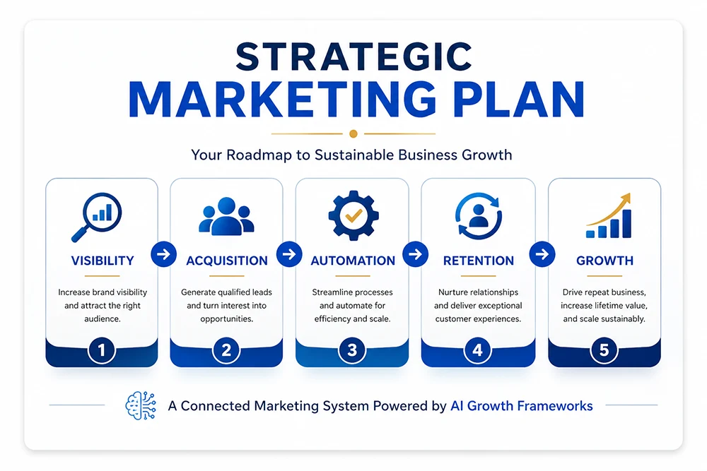 Strategic Marketing Plan Powered by AI Growth Frameworks Strategic marketing plan diagram showing a connected marketing system that aligns visibility, customer acquisition, automation, customer retention, and business growth through AI growth frameworks.