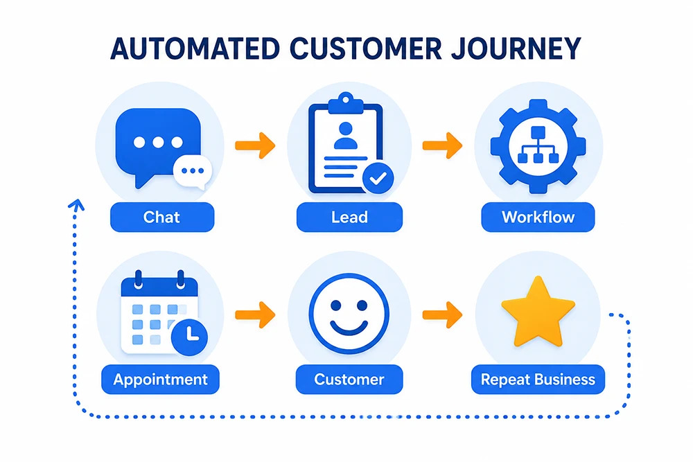 automated-customer-journey Infographic showing the automated customer journey from website chat and lead capture to workflow automation, appointments, customer conversion, and repeat business.
