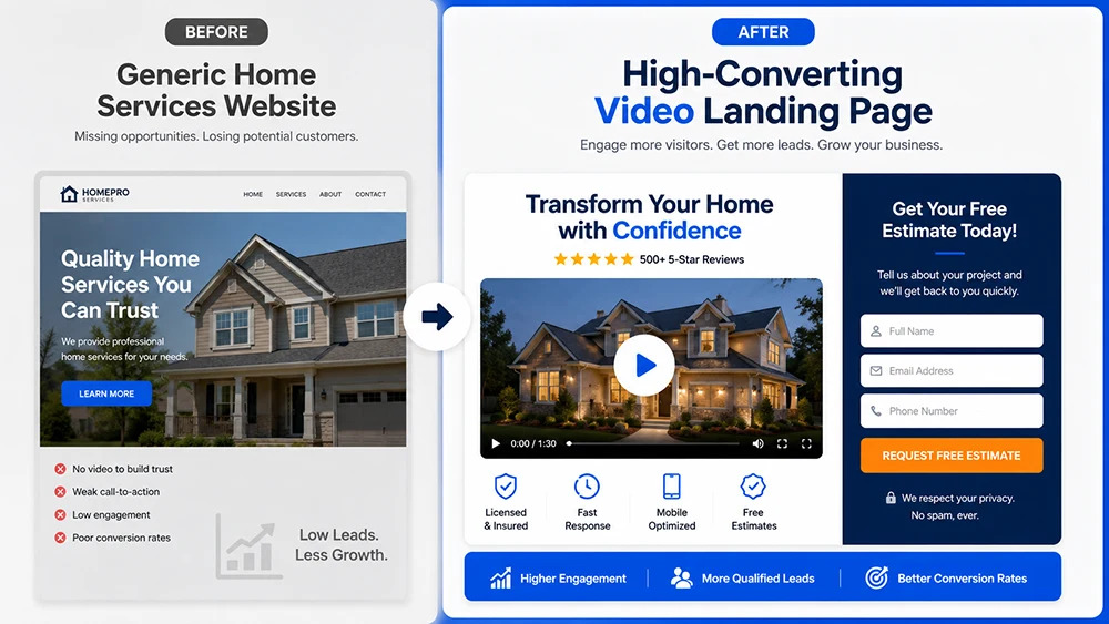 Before and after comparison showing how video landing pages improve engagement and lead generation for home service businesses