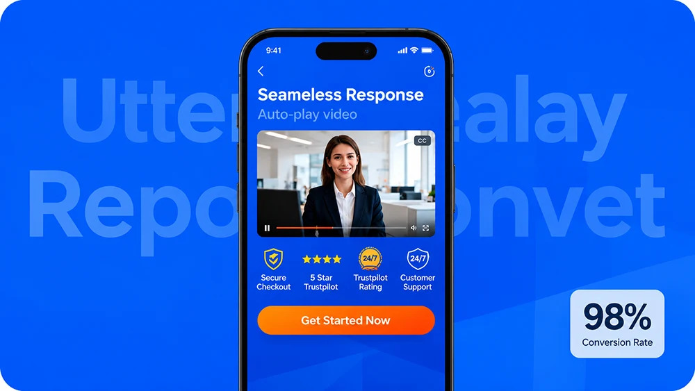 Successful video landing page showing a seamless mobile view, strong trust badges, a persuasive video, and a single highlighted CTA button with analytics overlay