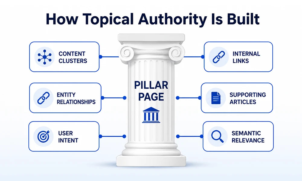 pillar-pages-how-topical-authority-is-built Pillar page diagram showing how content clusters, entity relationships, user intent, internal links, and supporting articles build topical authority