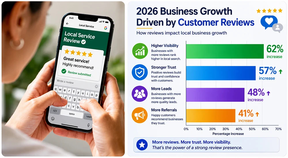Customer reviews driving local business growth, trust, and lead generation through improved online visibility and reputation