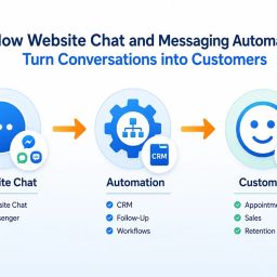 Illustration showing how website chat and messaging automation turn conversations into customers through CRM workflows, follow-up, appointments, sales, and retention.