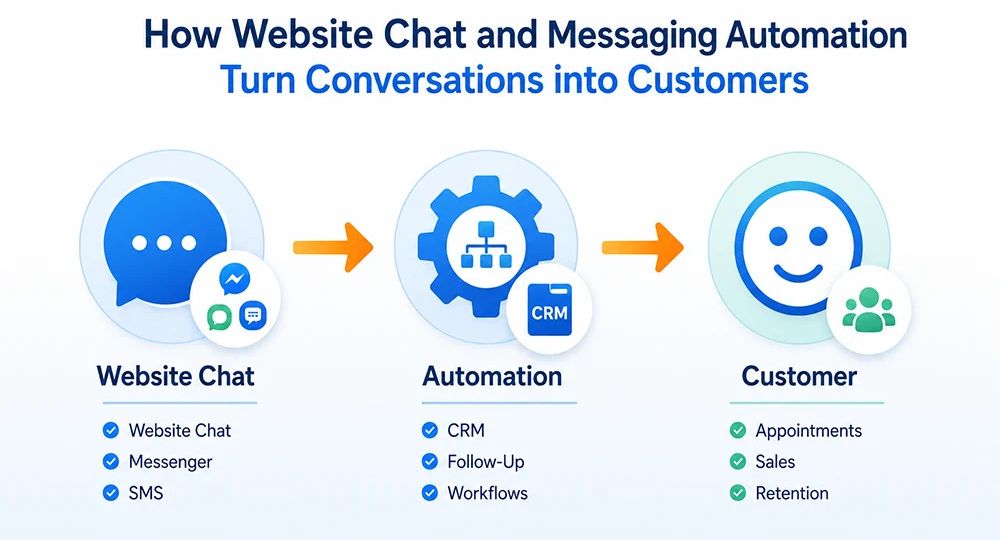 Illustration showing how website chat and messaging automation turn conversations into customers through CRM workflows, follow-up, appointments, sales, and retention.