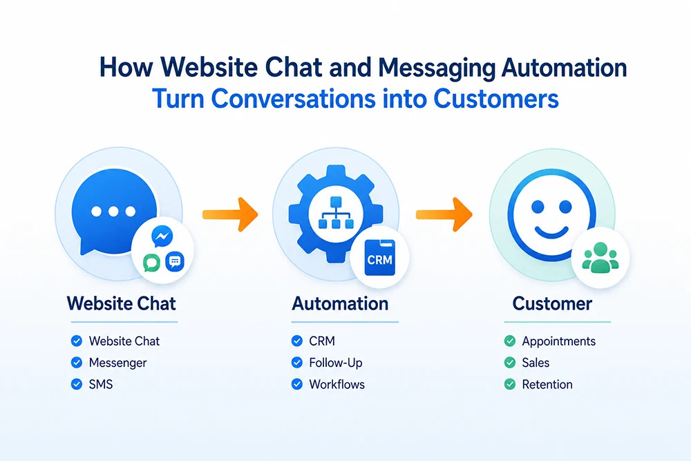 Illustration showing how website chat and messaging automation turn conversations into customers through CRM workflows, follow-up, appointments, sales, and retention.