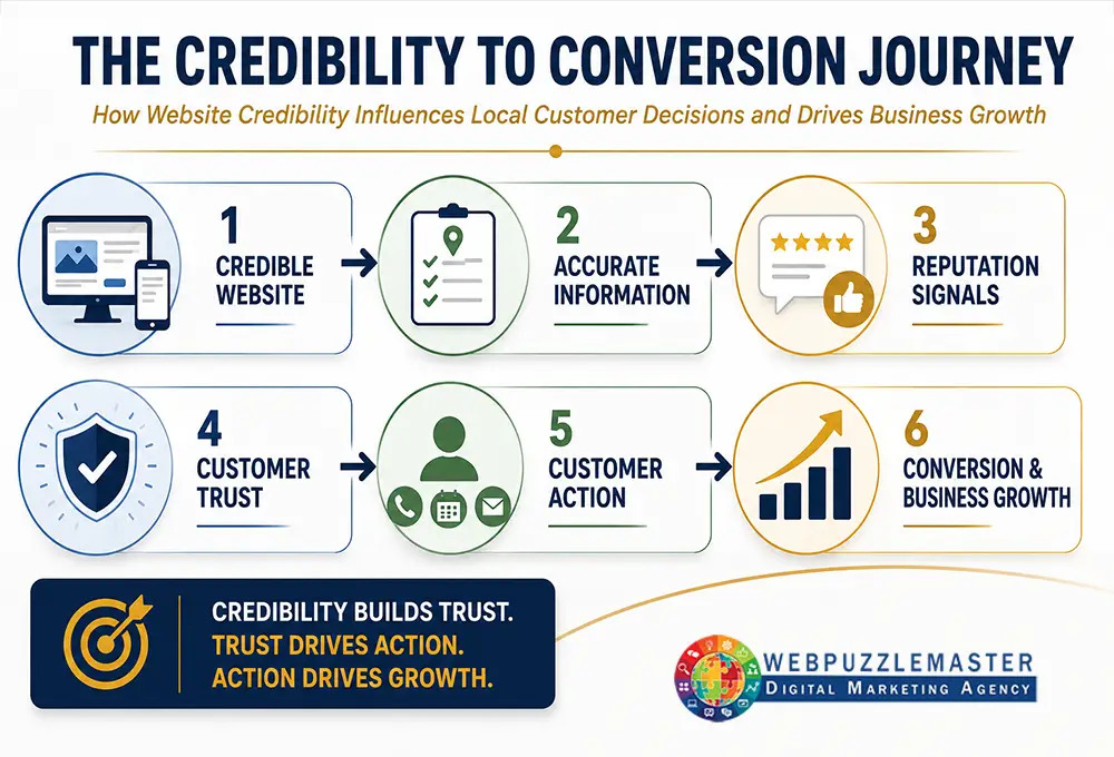 Credibility-to-conversion journey showing how a credible website, accurate information, and reputation signals build customer trust, drive action, and support business growth.