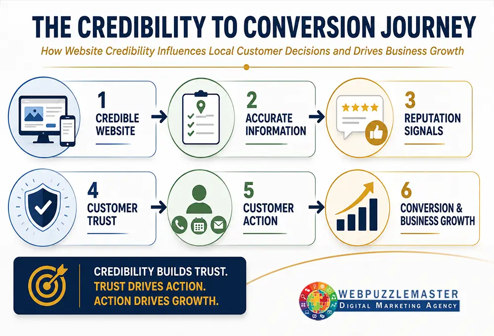 Credibility-to-conversion journey showing how a credible website, accurate information, and reputation signals build customer trust, drive action, and support business growth.