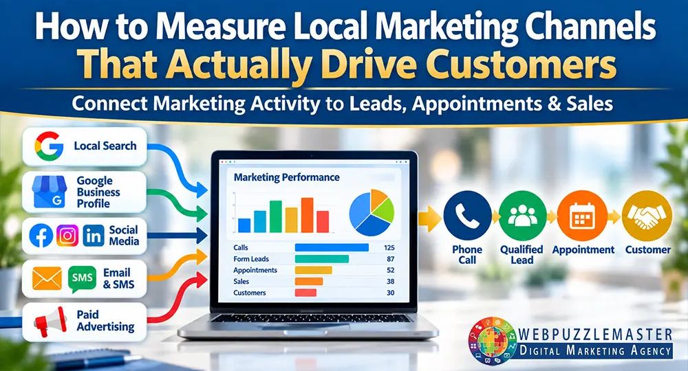 Local marketing channels measuring customer leads, appointments, and sales through local search, Google Business Profile, social media, email, SMS, and paid advertising.