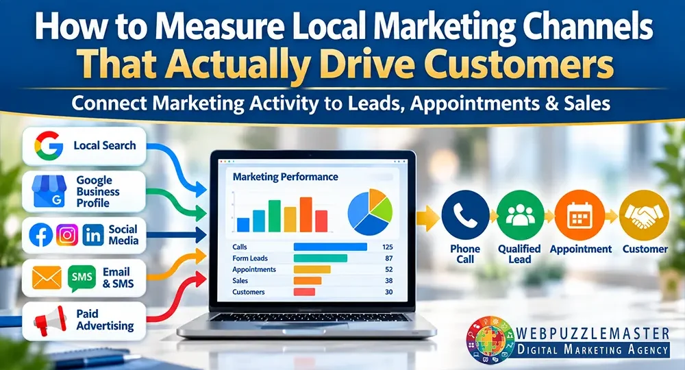 Local marketing channels measuring customer leads, appointments, and sales through local search, Google Business Profile, social media, email, SMS, and paid advertising.