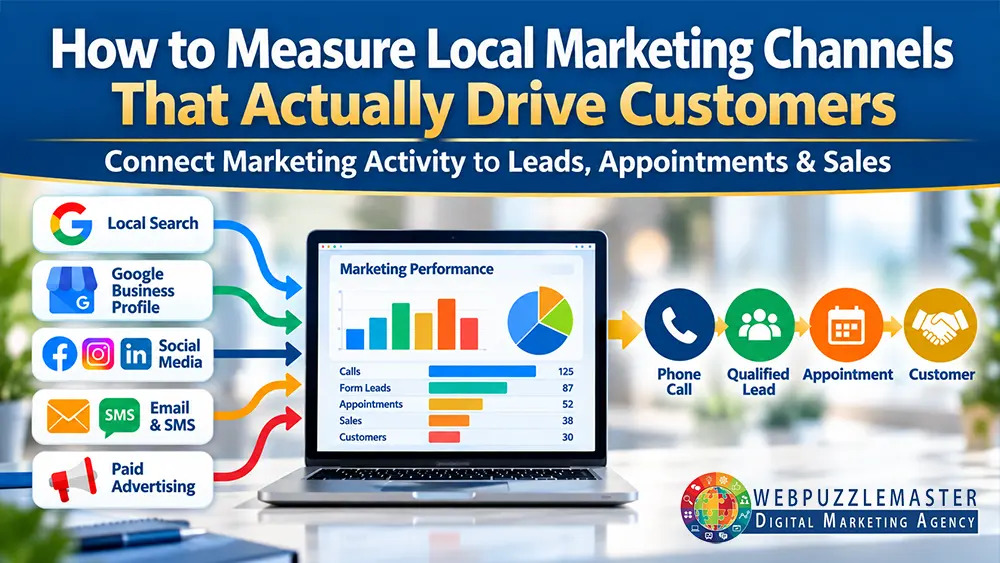 Local marketing channels measuring customer leads, appointments, and sales through local search, Google Business Profile, social media, email, SMS, and paid advertising.