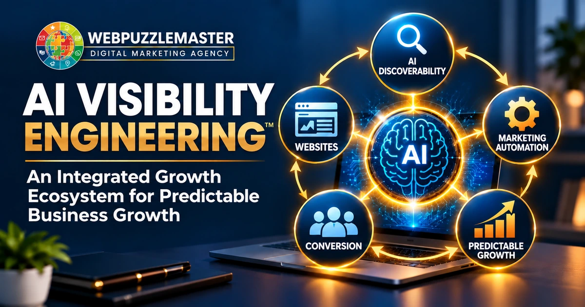 webpuzzlemaster-ai-visibility-social-1200x630-updated Webpuzzlemaster AI Visibility Engineering graphic linking AI discoverability, websites, marketing automation, conversion, and predictable growth.