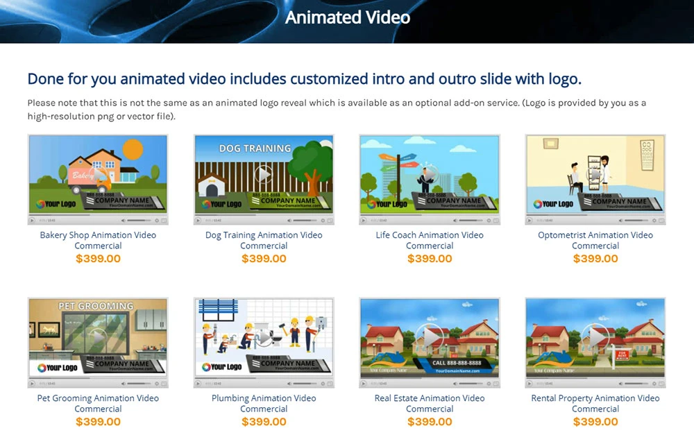 WooCommerce animated business video product gallery featuring customizable local business video marketing products and add-on services