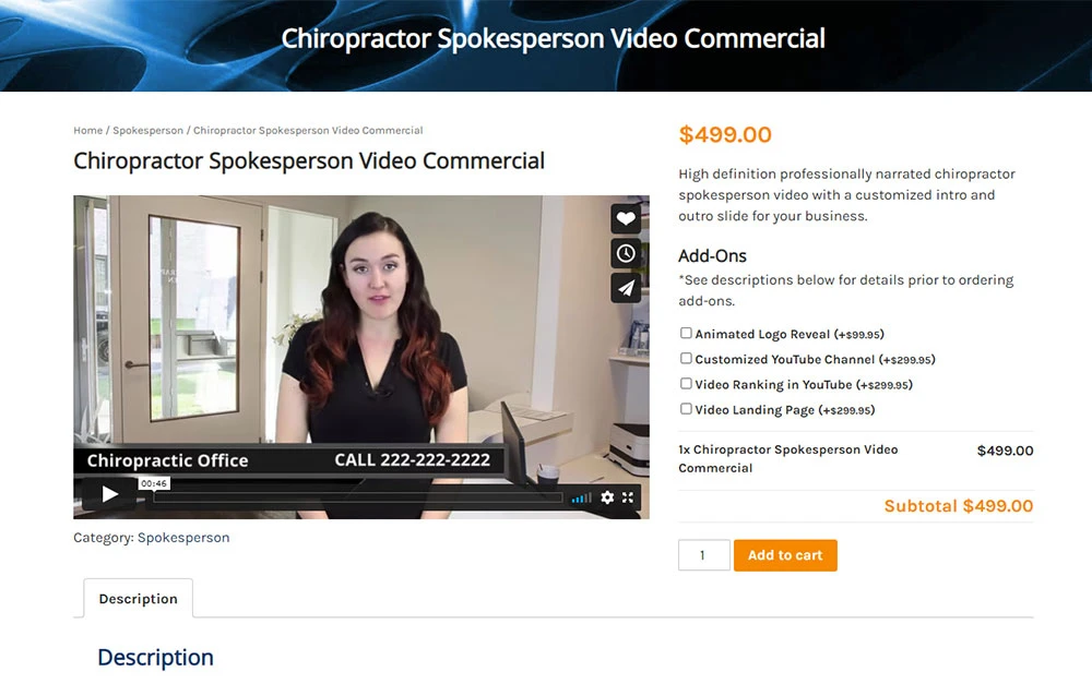 WooCommerce chiropractor spokesperson video marketing product page featuring multimedia marketing services and online video product purchasing functionality