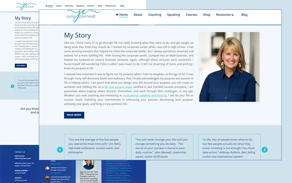 Life coach WordPress website about page featuring branding, coaching services, and professional business presentation