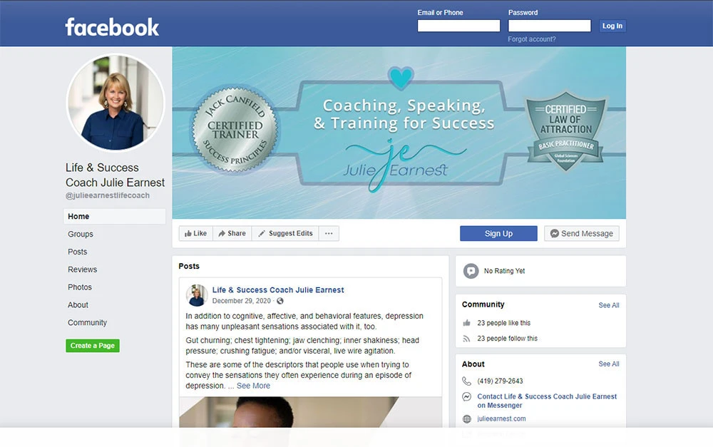 Life coach Facebook branding and social media integration featuring coaching services, personal branding, and audience engagement strategy