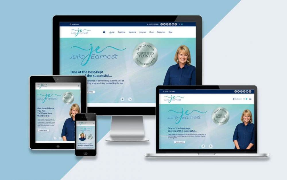 Responsive life coach WordPress website displayed across desktop, tablet, laptop, and mobile devices featuring coaching services and digital branding