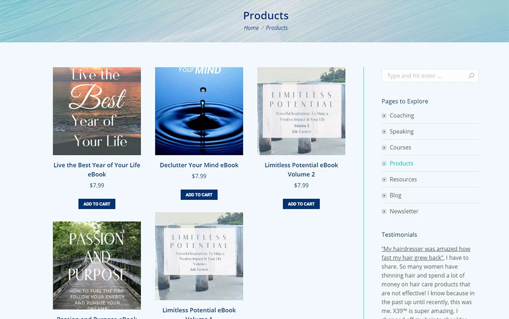 Life coach WordPress eCommerce store featuring coaching resources, digital products, and online course materials