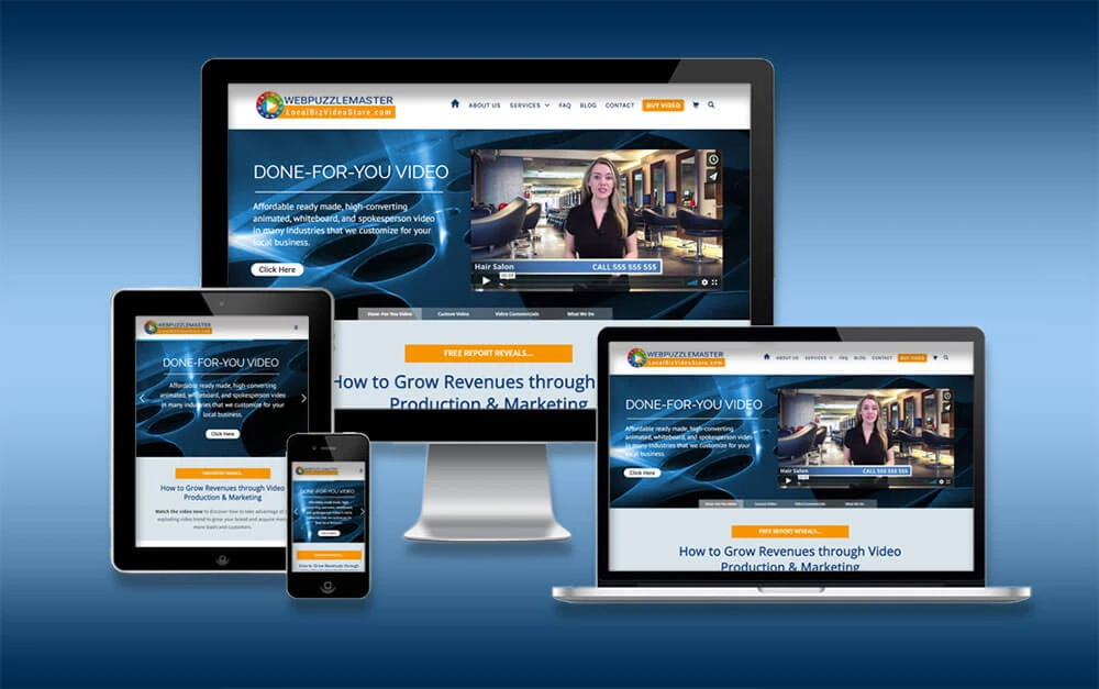 Responsive WooCommerce video marketing website displayed across desktop, tablet, laptop, and mobile devices for multimedia marketing services and digital product sales