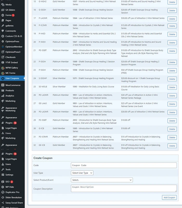 Holistic Healing, Coaching Website Custom Coupon Module in Admin