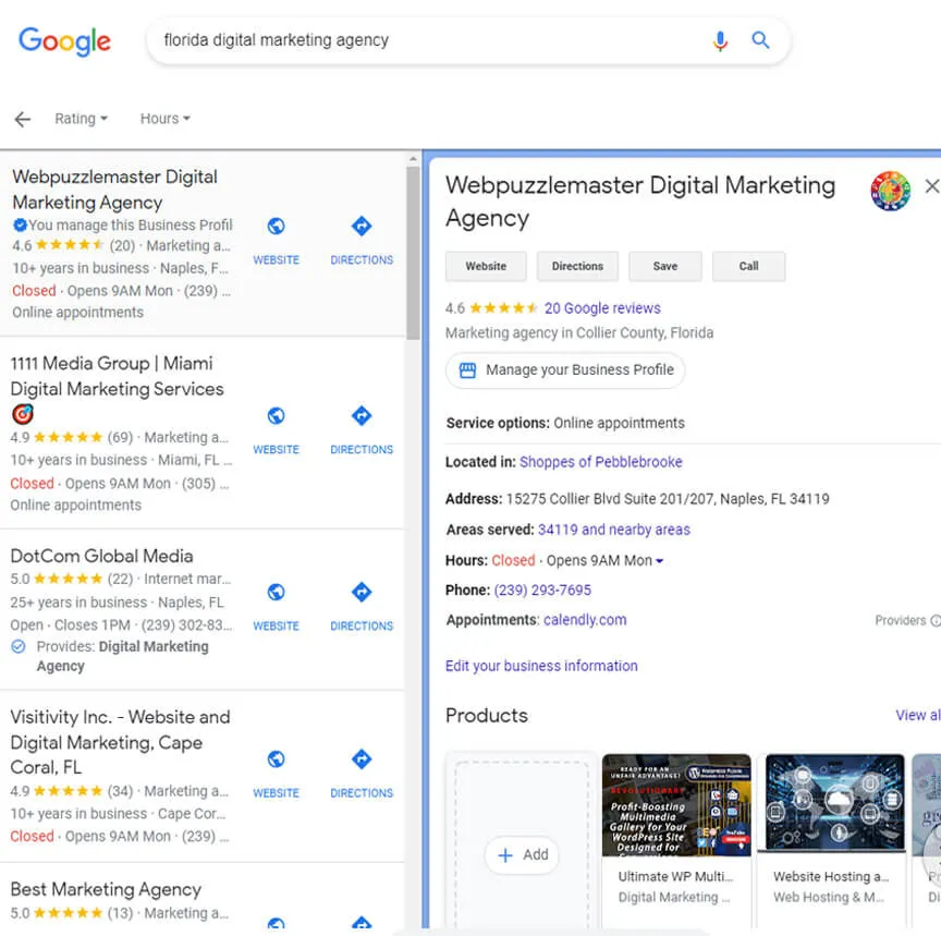 GMB Listing with Star Ratings and Reviews