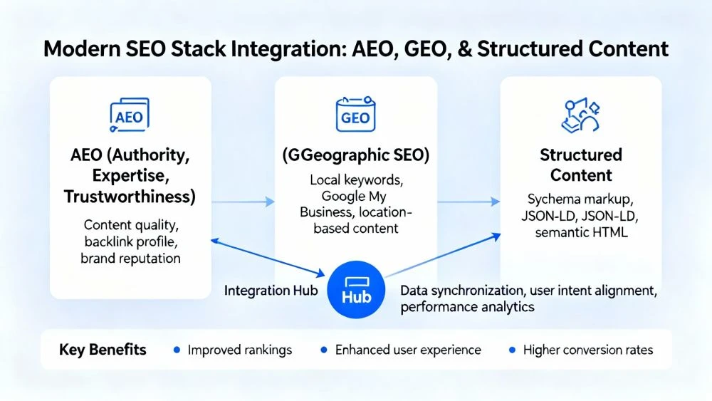 Modern SEO stack integrating AEO GEO and structured content
