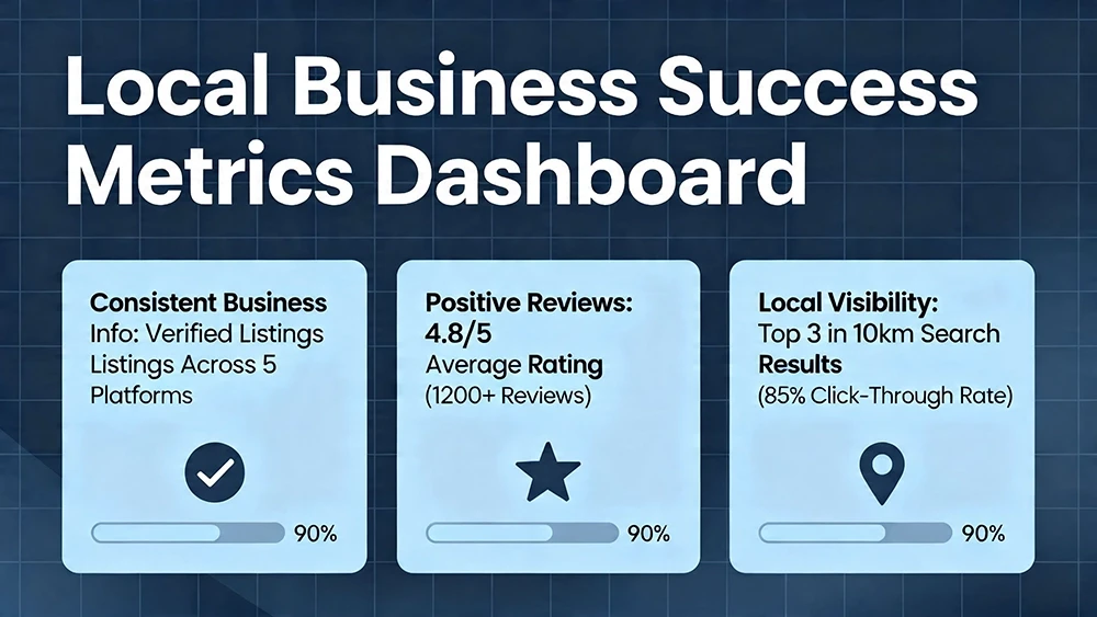 local-business-success-metrix-dashboard A dashboard showing key local business success metrics like consistent business information, positive customer reviews, and high-intent local visibility.
