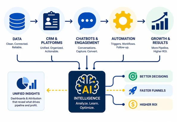 AI Marketing Automation and Unified Data Intelligence System AI marketing automation infographic showing connected data, CRM platforms, chatbots, automation workflows, AI intelligence, unified insights, better decisions, faster funnels, and higher ROI.