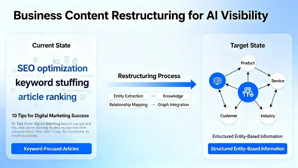 A diagram illustrating a business's content being restructured from keyword-focused articles to structured, entity-based information for AI visibility.