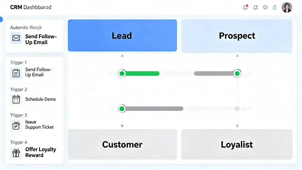 clean-organized-crm-dashboard-customer-lifecycle-stages A clean, organized CRM dashboard with clearly defined customer lifecycle stages and automated workflow triggers.