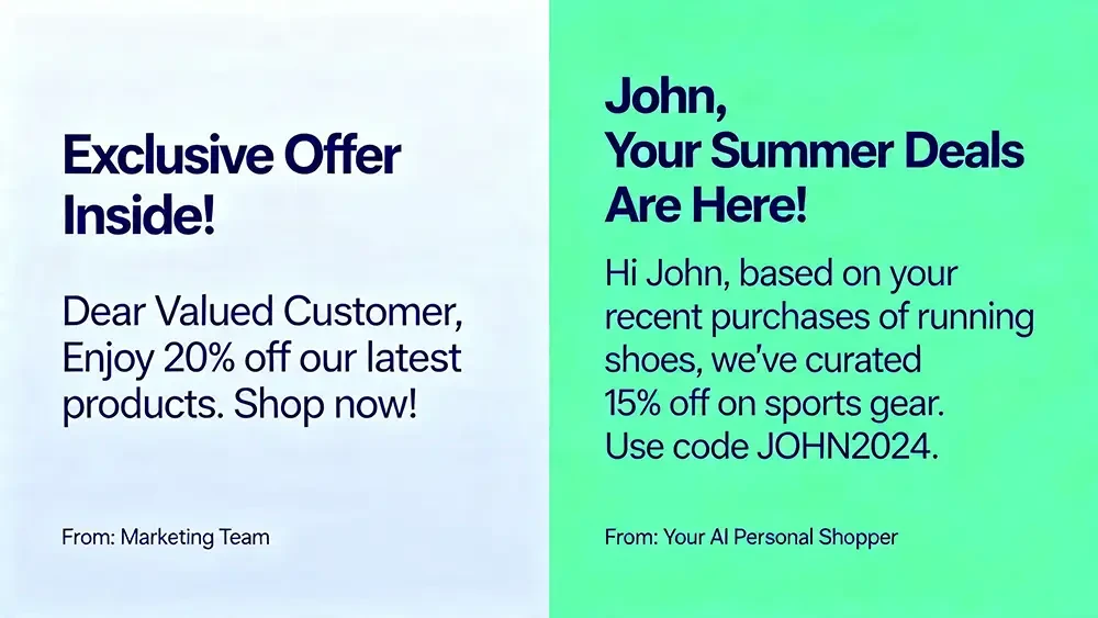 comparison-traditional-marketing-emails-vs-personalized A split-screen comparison showing generic, impersonal marketing emails on one side and highly personalized, AI-driven messages on the other.