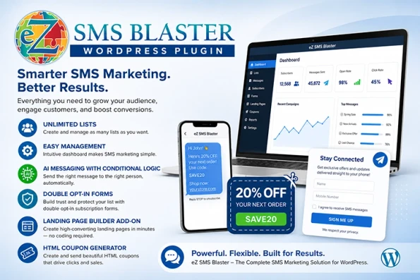 Professional promotional graphic for the eZ SMS Blaster WordPress SMS marketing plugin featuring unlimited lists, AI messaging with conditional logic, double opt-in forms, landing page builder add-on, HTML coupon generator, responsive dashboard interface, mobile SMS marketing tools, and customer engagement automation.