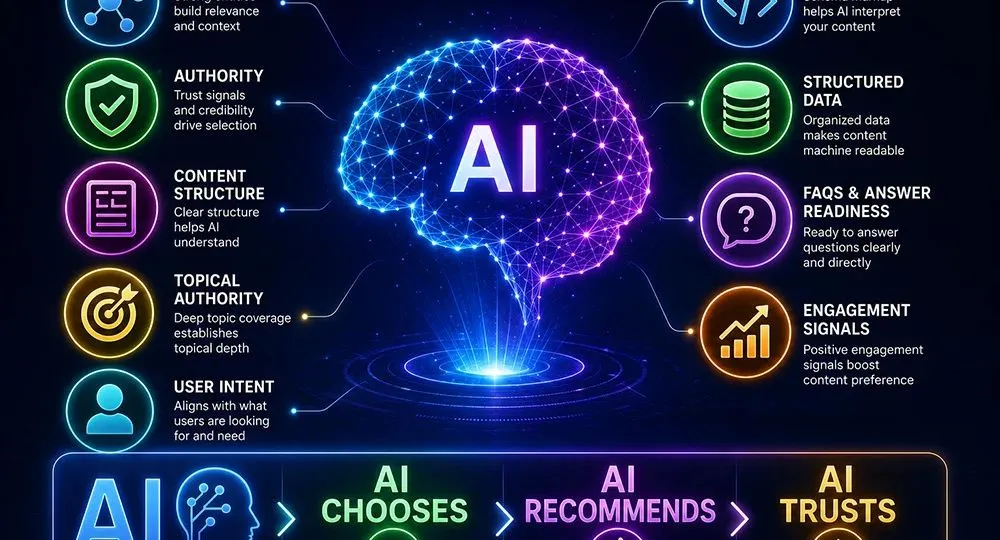 Infographic showing the hidden AI signals that influence content recommendations, including entities, authority, content structure, topical authority, user intent, schema, structured data, FAQs, answer readiness, and engagement signals surrounding a central AI network.