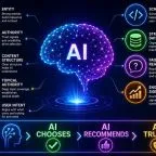 Infographic showing the hidden AI signals that influence content recommendations, including entities, authority, content structure, topical authority, user intent, schema, structured data, FAQs, answer readiness, and engagement signals surrounding a central AI network.